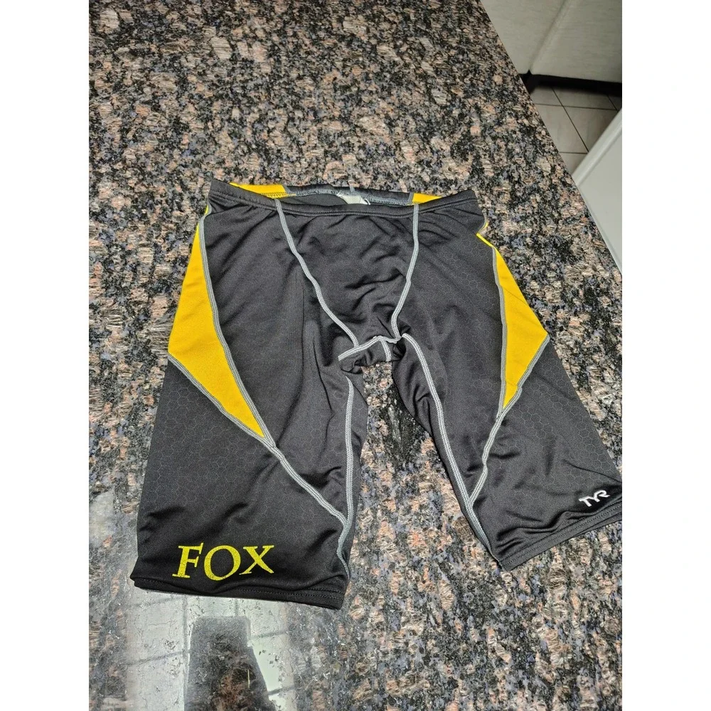TYR Mens Jammer Swim Shorts Black Yellow Honeycomb Texture Fox Graphic Size 28